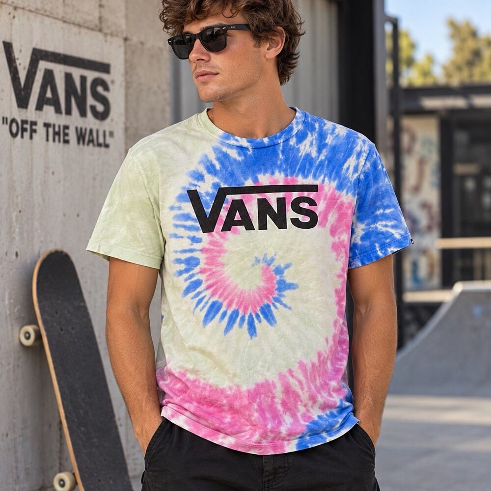 Vans Medium Tie Dye Logo T Shirt Pink Blue Skate Y2K Streetwear